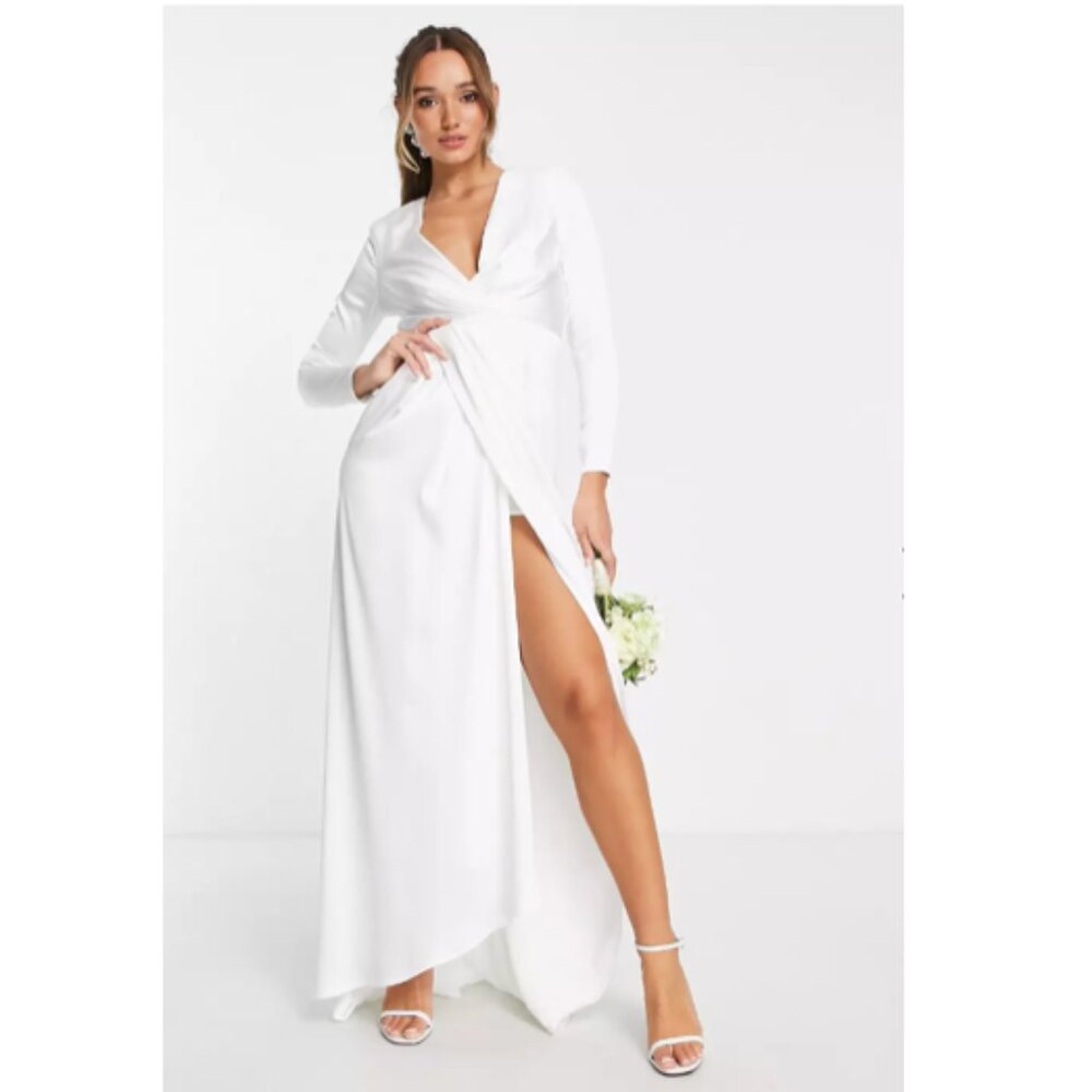 EUC-ASOS DESIGN Sadie Pleated Plunge Wrap White Wedding Dress Size US 6
